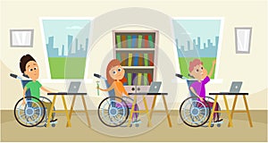 Disabled people in wheelchair sitting at the school desk. Kids in school. Illustration of education