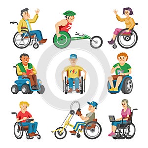 Disabled people in wheelchair vector character of handicapped person with physical disability illustration set of