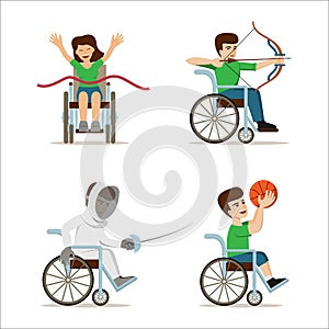 Disabled people in wheelchairs - archer, basketball player, athlete, fencer. Vector flat illustration.
