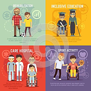 Disabled person care vector flat concepts set