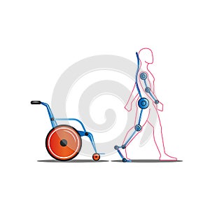 Disabled person getting out of a wheelchair using an exoskeleton concept vector illustration, medical servo technology for people photo