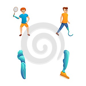 Disabled person icons set cartoon vector. Man with prosthesis play sport