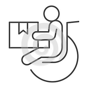 Disabled person with parcel box thin line icon, delivery service symbol, human figure in wheelchair with package vector