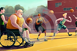 A disabled person in a wheelchair plays basketball with friends on the sports ground. Generative ai