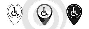 Disabled person, wheelchair vector icons set. Label on the map. Illustration.