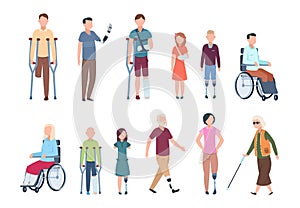 Disabled persons. Diverse injured people in wheelchair, elderly, adult and children patients. Handicapped characters set photo