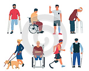 Disabled persons. People with disabilities, in wheelchair, with cane, plaster and crutches. Men and women with limb