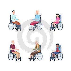 Disabled persons. Young people rehabilitation in a wheelchair hospitalized. Vector illustration children, handicapped