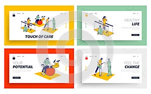 Disabled Physiotherapy, Rehabilitation Landing Page Template Set. Characters Get Adaptive Physical Education