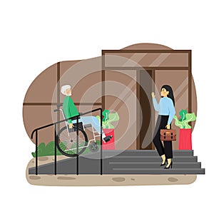 Disabled senior man in wheelchair using staircase with accessibility ramp at house entrance, flat vector illustration.