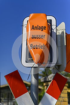 Disabled signal system at a railroad crossing of the new railway line Berlin-Dresden.