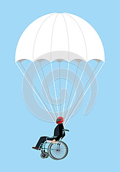 Disabled skydiver isolated. Wheelchair on parachute on sky