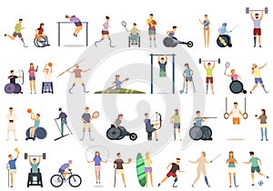 Disabled sport icons set cartoon vector. Handicap athlete