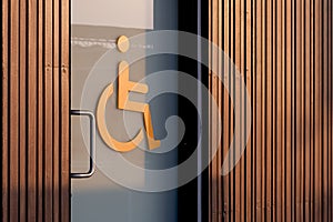 Disabled wheelchair restroom sign on glass sliding door with wooden wall in public area