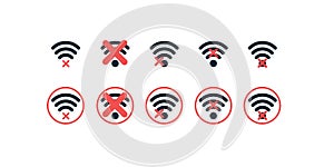 Disabled wi-fi icons, beautiful connected to internet signs and symbols. Red and dark blue internet connection icons