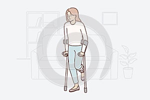 Disabled woman getting around with crutches injuring knee during car accident or fall