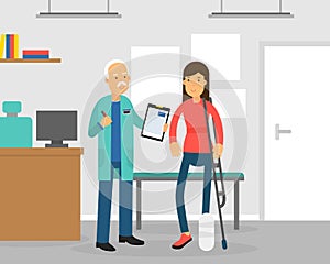 Disabled Woman with Leg Fracture Having Bandage Visiting Doctor at Hospital Vector Illustration