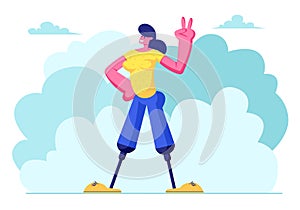 Disabled Woman with Legs Prosthesis Smiling and Showing Victory Gesture by Hand, Walking Outdoors, Motivation, Bodypositive