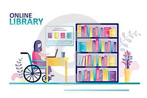 Disabled woman reads in library. Female character with disability choose ebook on laptop. Student sits in wheelchair
