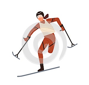 Disabled woman skier with amputated leg vector flat illustration. Paralympic female athlete skiing or performing winter