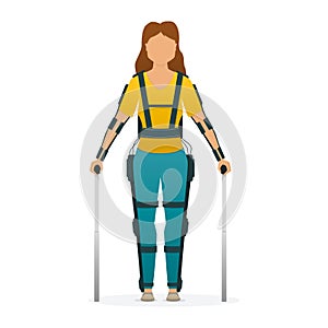 Disabled woman stay with medical exoskeleton. Medicine of the future, bionics technology. Vector.