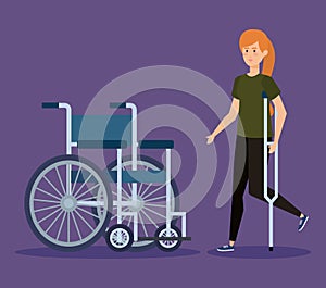 Disabled woman walking with crutches and weelchair