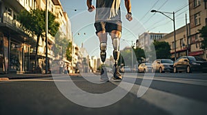 Disabled young man with prosthetic legs walking in the street. AI generated image