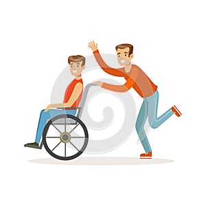 Disabled young man in wheelchair, smiling friend or volunteer helping him, healthcare assistance and accessibility