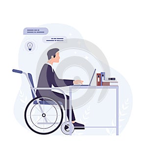 Disabled young man in wheelchair working in office. Happy man with
