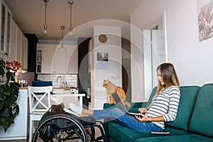 Disabled young woman using laptop at home