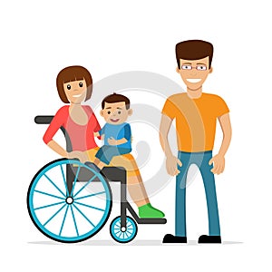 Disabled young woman in wheelchair with her son and husband.