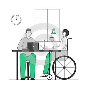 Disabled Young Woman in Wheelchair Working in Office with Healthy Colleague. Job for People with Physical Disability