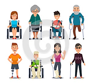 Disablement person. Blind disability people and elderly on crutches or wheelchair. Disabled character for medical vector