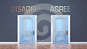 Disagree and agree as a choice - pictured as words Disagree, agree on doors to show that Disagree and agree are opposite options