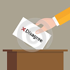 Disagree cross mark choice vote hand putting a ballot paper in a slot of box