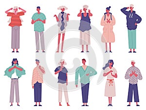 Disagree people negative rejection gesture signs expressions. Sign language disagree characters vector illustration set