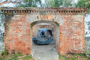 Disappearing carriage gun at Phi Sua Samut Fort, the public place in Thailand. Disappearing carriage gun is an obsolete type