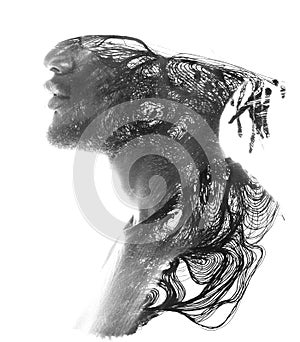 A disappearing graphical paintography double exposure profile portrait of a man