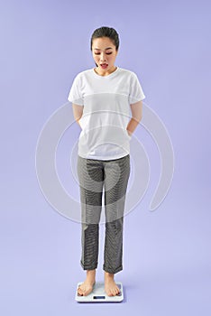 Disappointed Asian woman standing on the scale photo