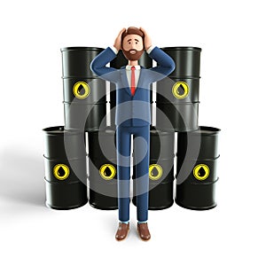 Disappointed bearded businessman with huge oil reserve. 3D illustration concept of glut in oil market, global financial crisis.