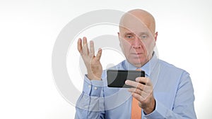Disappointed Businessman Reading Cellphone Bad News Make Nervous Hand Gestures