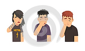 Disappointed Man Covering His Face with Hand Displaying Frustration and Embarrassment Vector Set