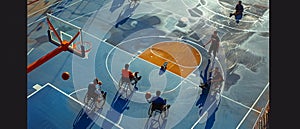 Disappointed people with disabilities dribbling the ball, shooting miserably, and desiring to improve. Aerial view of a photo