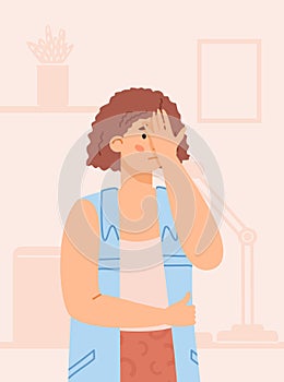 Disappointed woman holding hand near forehead, flat vector illustration isolated.