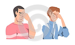 Disappointed Young Man and Woman Trying to Remember Something Feeling Frustration About Forgetting Things Vector Set photo