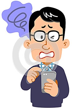 A disappointing facial expression of a man wearing glasses operating a smartphone