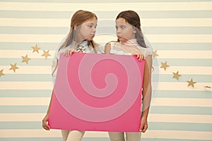 Disappointing news. Girl hold announcement banner. Girls kids holding paper banner for announcement. Children sad with