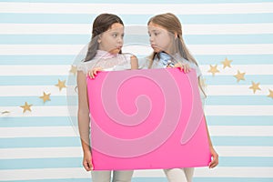 Disappointing news. Girl hold announcement banner. Girls kids holding paper banner for announcement. Children sad with photo