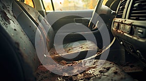disarray blurred dirty car interior photo