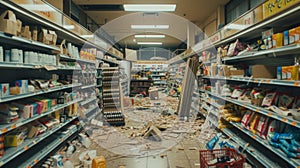 Disarray in a supermarket following an unexpected earthquake